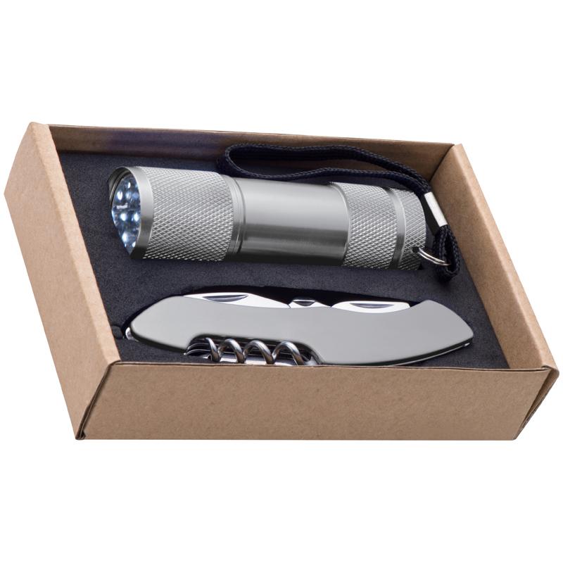 Gift Set With A 9led Aluminium Torch And A Pocket Knife Packed In A Gift Box.