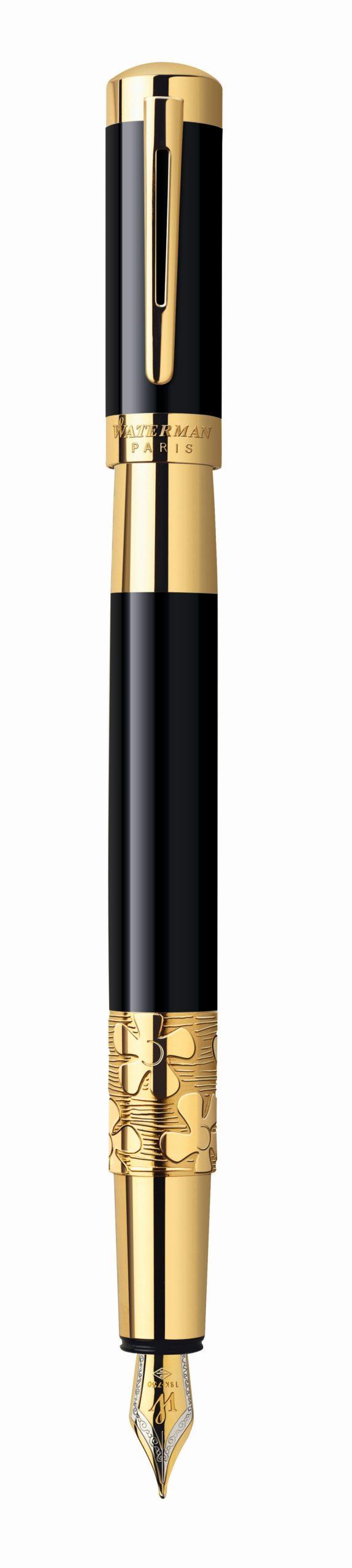 Waterman Elegance Lacque Black Gold Trim Fountain Pen Med Nib - Blu Ink