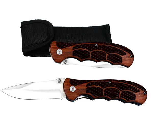 Wood Handle Knife With Belt Clip In Pouch